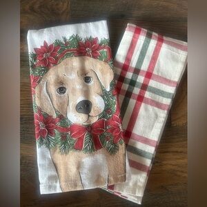 2 Kitchen Towels Christmas Puppy/Plaid Decorative- Red, Green, Tan -New